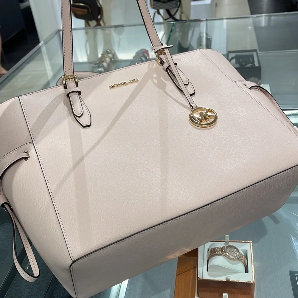 Michael Kors Gilly Large Drawstring Travel Leather Top Zip Tote  Powder Blash